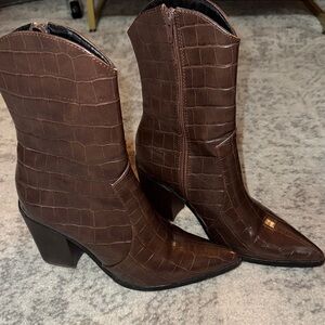 Brown Croc-Embossed Ankle Boots